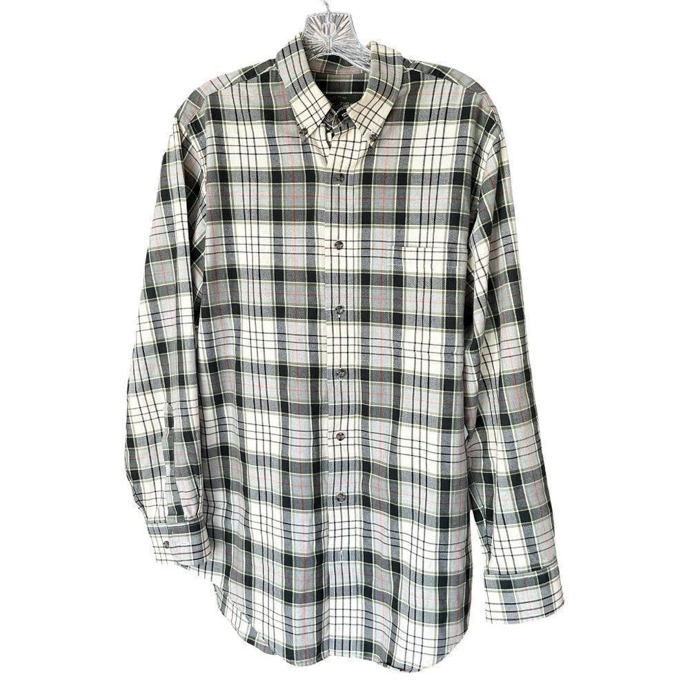 Orvis Mens Long Sleeve Button Down Shirt Brushed Cotton Plaid Green/Cream Large